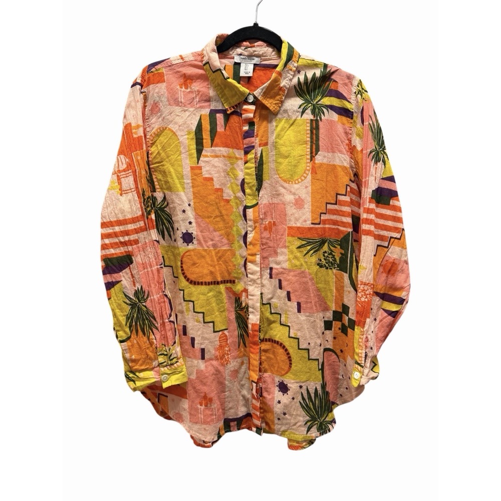 Haute Hippie Colorful Bohemian Long Sleeve Tropical Button Blouse Shirt Sz Large
